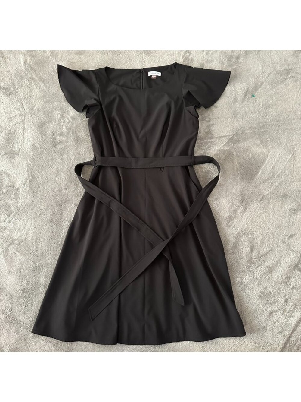 Calvin Klein Black Midi Dress Women's 8 Flutter Sleeve Fit Flare Modest Career